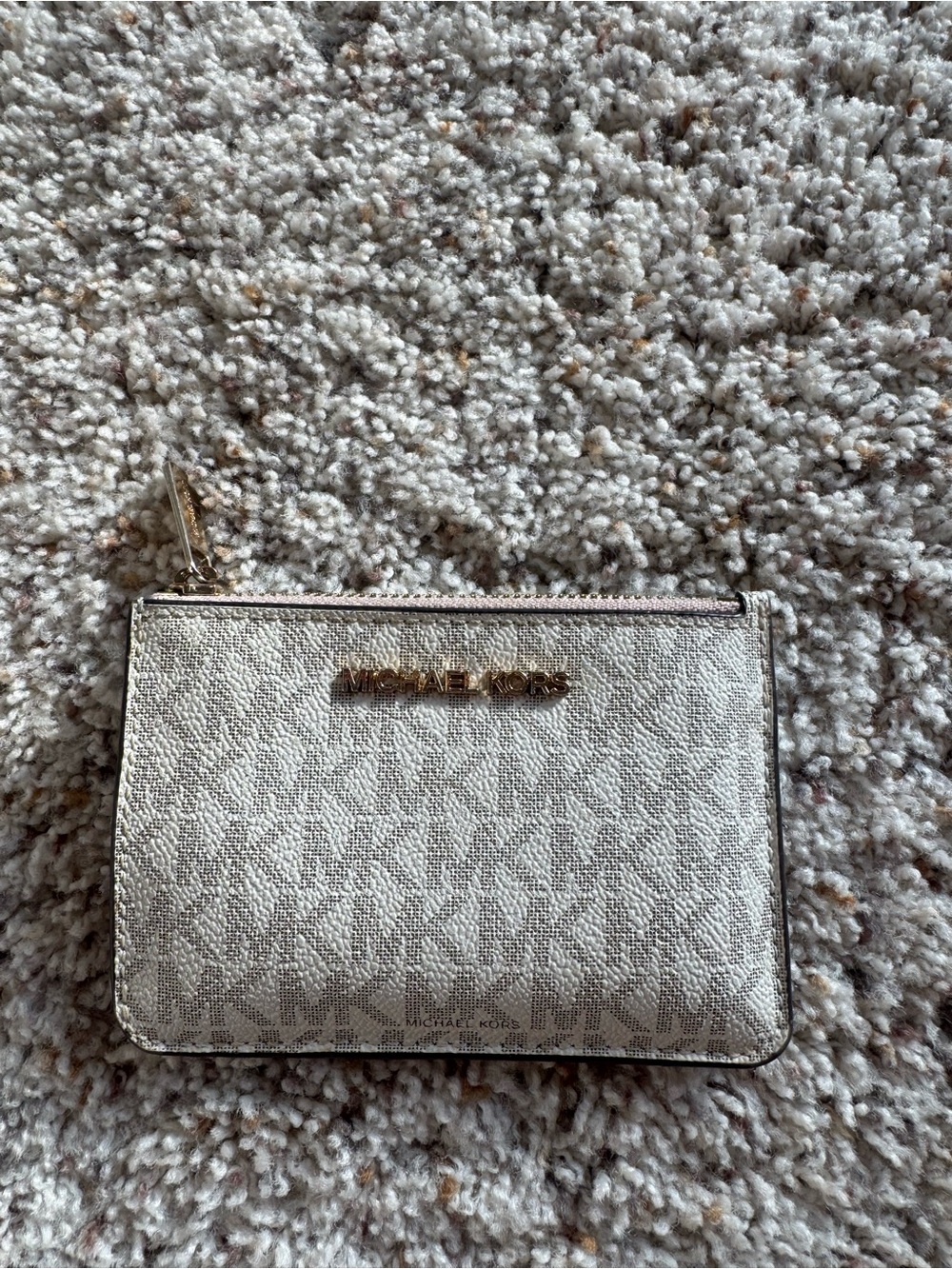 Michael Kors Beige Signature Zip Card Case with Gold Logo